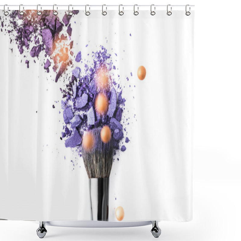 Personality  Top View Of Cosmetic Brush With Purple Powder On Isolated On White Shower Curtains