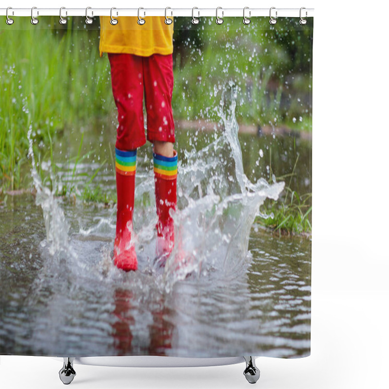 Personality  Kid Playing Out In The Rain. Children With Umbrella And Rain Boots Play Outdoors In Heavy Rain. Little Boy Jumping In Muddy Puddle. Kids Fun By Rainy Autumn Weather. Child Running In Tropical Storm. Shower Curtains