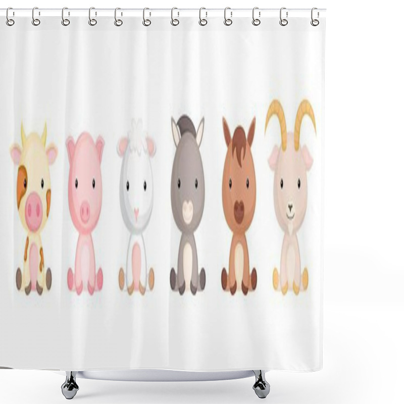 Personality  Collection Of Sitting Little Animals In Cartoon Style. Cute Farm Animals Characters For Kids Cards, Baby Shower, Birthday Invitation, House Interior. Bright Colored Childish Vector Illustration. Shower Curtains