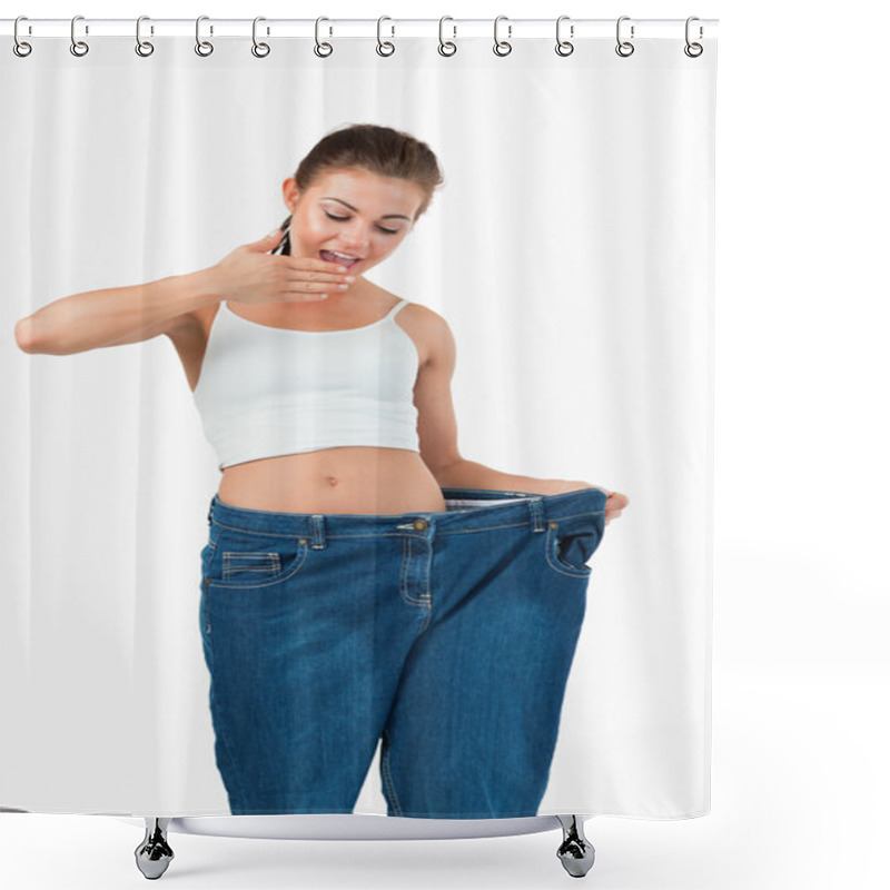 Personality  Portrait Of A Suprised Woman Wearing Too Large Jeans Shower Curtains