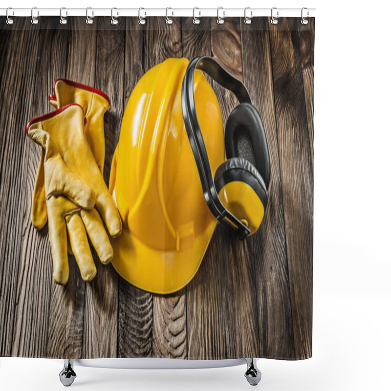 Personality  Construction Sawety Wear Tools Yellow Helmet Leather Gloves Earphones Shower Curtains