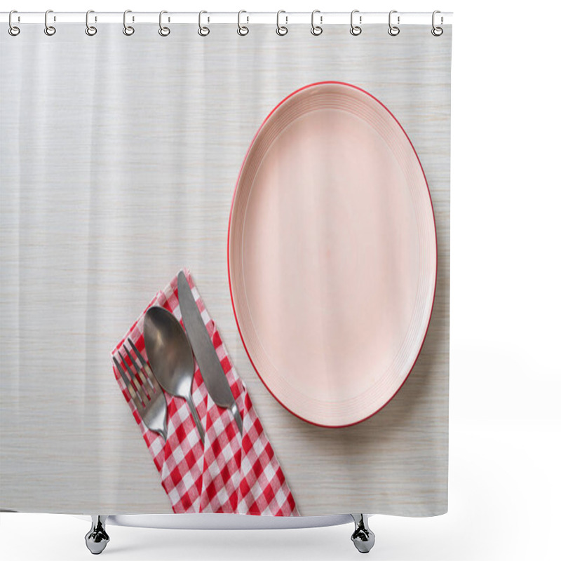 Personality  Empty Plate Or Dish With Knife, Fork And Spoon On Wood Tile Background Shower Curtains