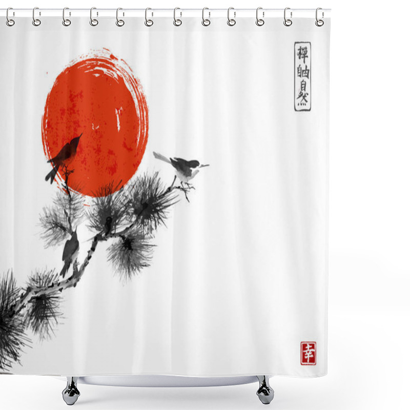 Personality  Little Birds And Pine Tree Branch On White Background Shower Curtains