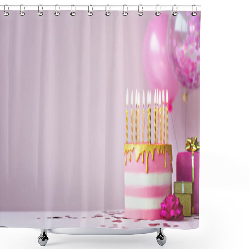 Personality  Pink Birthday Cake With Golden Candles And Balloons Shower Curtains