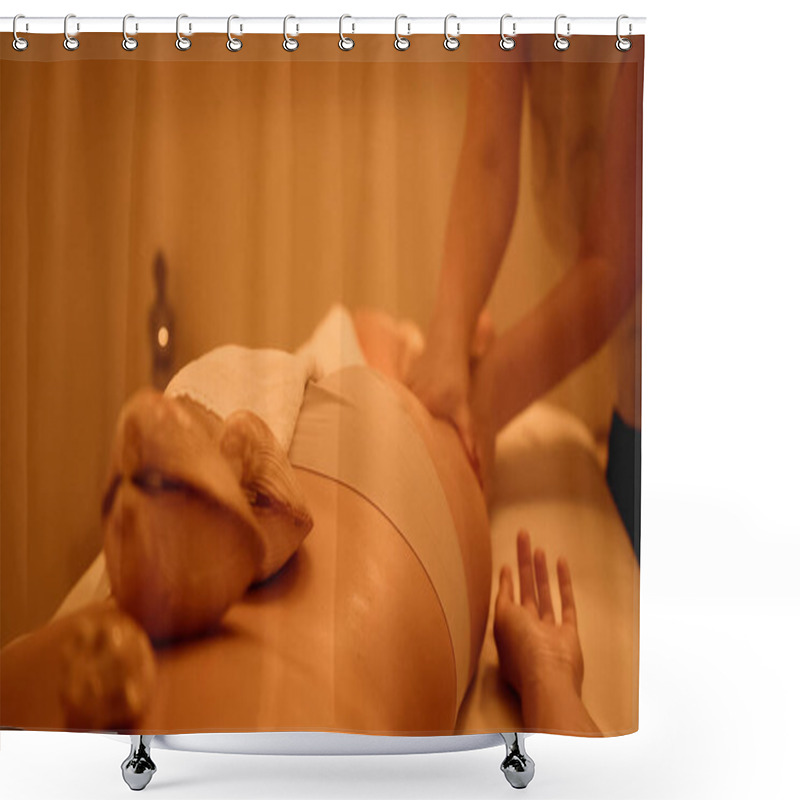 Personality  Cropped View Of Woman Receiving Massage With Sea Shells  Shower Curtains