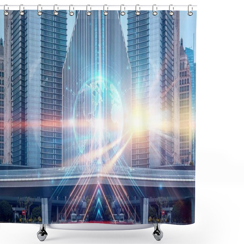 Personality  A Digital Rendering Of The Earth Globe Surrounded By Beams Of Light, With Tall Modern Buildings In The Background. Shower Curtains