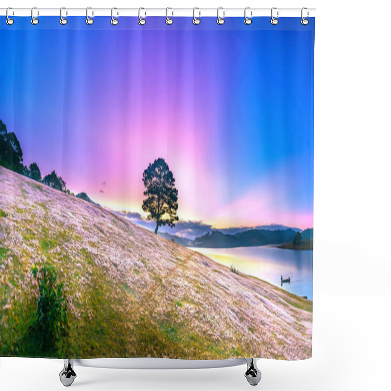 Personality  Magical Snow Grass Hill And Pine Tree Dawn When The Sun Rays Clouds Shine In The Sky, Grass Is Covered With A Mist Like White Snow After A Long Night. This Species Appears Only When Winter Changes In Da Lat, Vietnam Shower Curtains