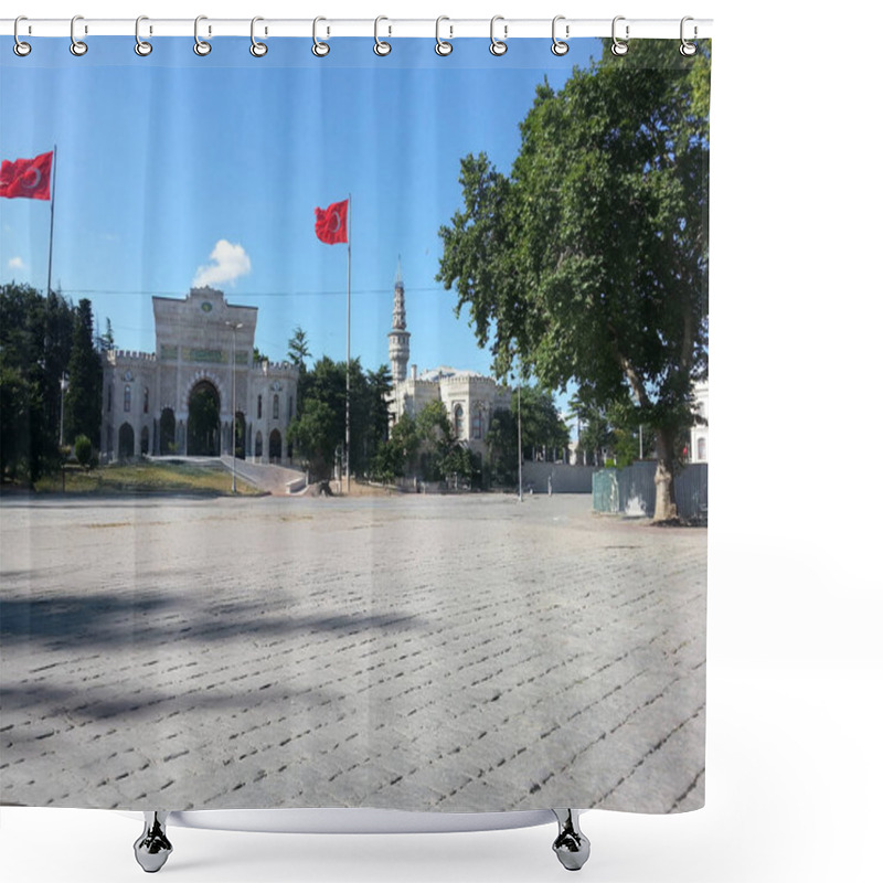 Personality  Istanbul, Turkiye, July 8, 2016, The Iconic Entrance Of Istanbul University, A Gateway To Knowledge And History, With The Beyazt Tower Standing Tall In The Background. Shower Curtains