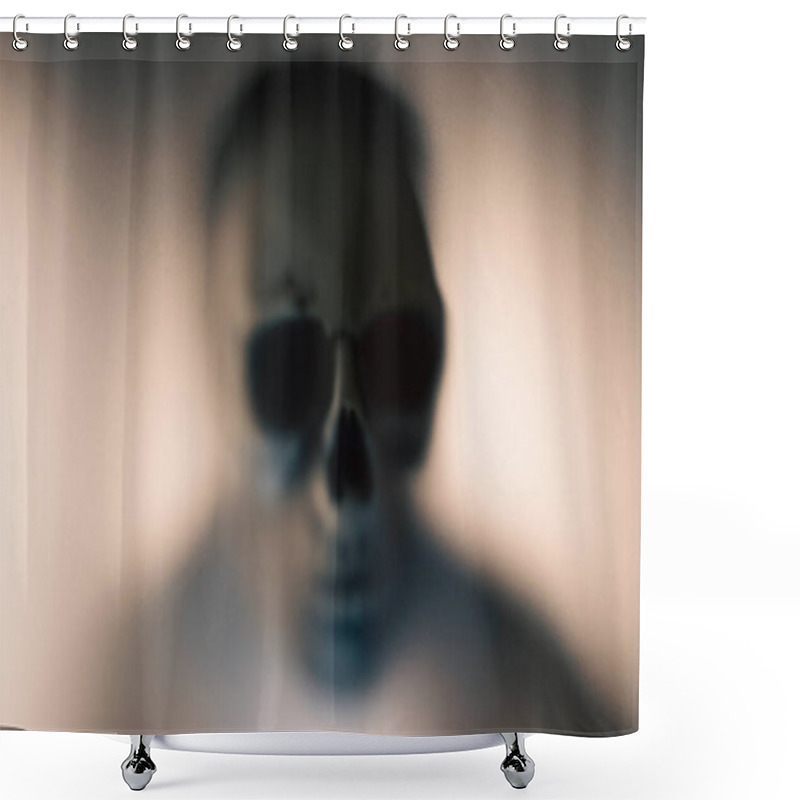 Personality  Horror Skeleton Or Grim Reaper Behind The Matte Glass. Halloween Festival Concept.Blurred Picture Shower Curtains