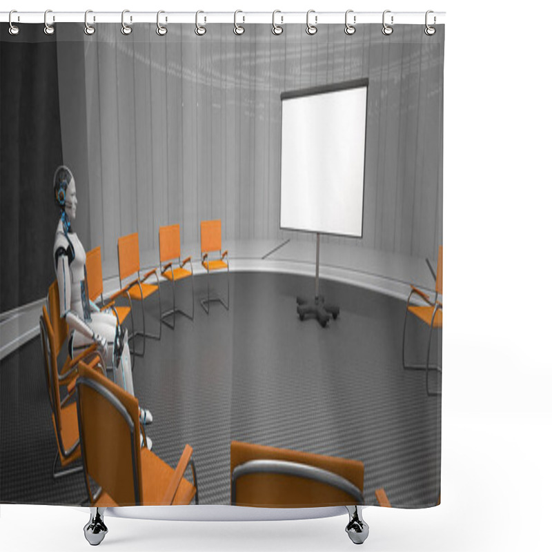 Personality  Humanoid Robot Is Educated During Training. 3d Illustration. Shower Curtains