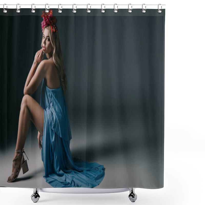 Personality  Beautiful And Blonde Woman In Elegant Dress And Wreath Looking At Camera  Shower Curtains