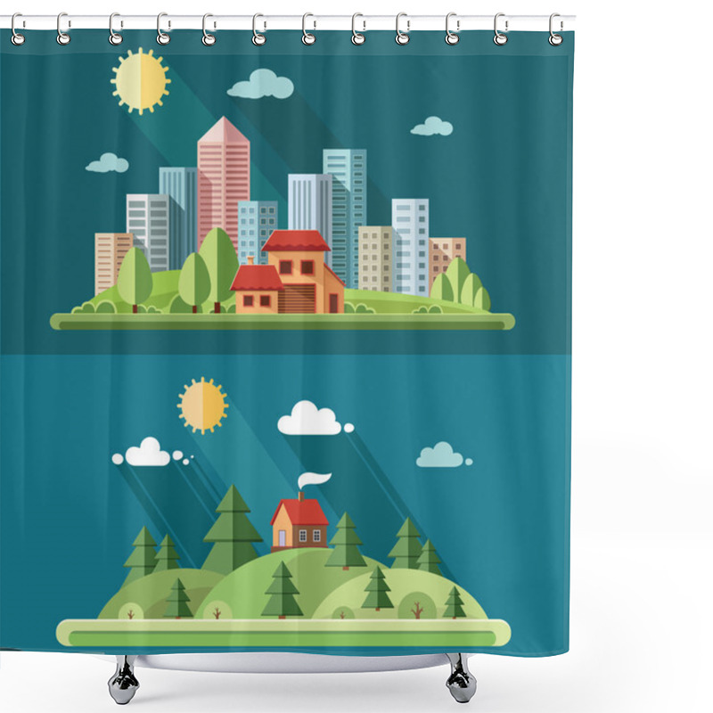 Personality  Nature Set - Country House On A Background Of A Big City. Rural  Shower Curtains