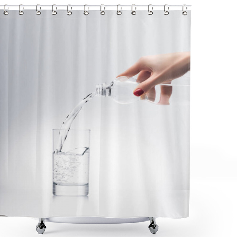 Personality  Cropped Shot Of Woman Pouring Water Into Glass From Plastic Bottle Shower Curtains