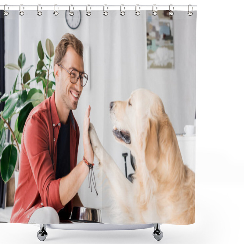 Personality  Golden Retriever Dog Giving Five To Happy Man In Glasses Shower Curtains