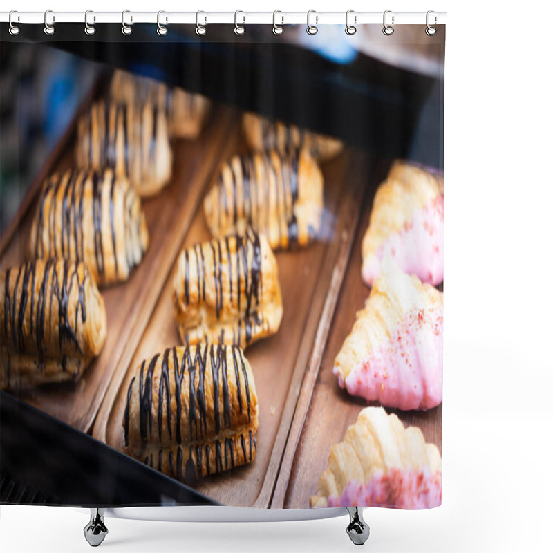 Personality  Cakes And Sweets On The Front Of A Small Coffee Shop, Bokeh Light Background. Shower Curtains