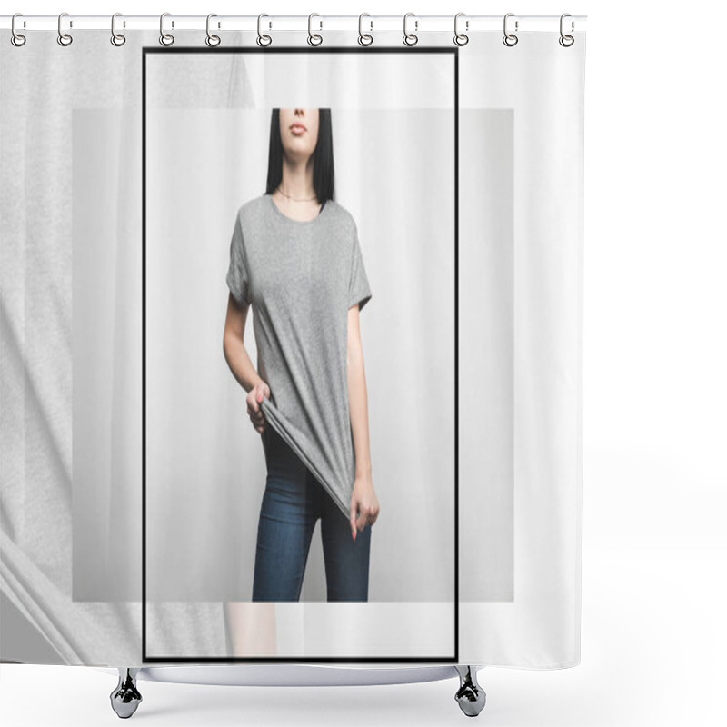 Personality  Stylish Young Woman In Blank Grey T-shirt On White With Creative Frame Shower Curtains