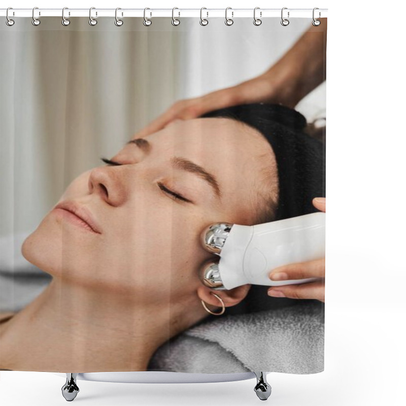 Personality  Facial Skincare Using Gadgets And Serums For Smoother, Moisturized Skin And Reduced Wrinkles. High Quality Photo Shower Curtains