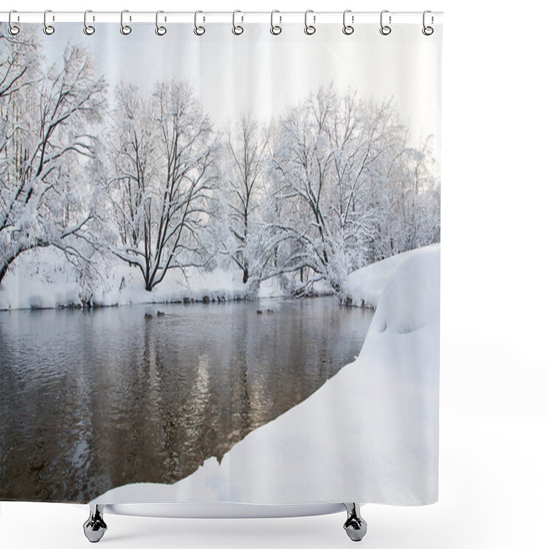 Personality  Trees Under Snow And River On Winter Day Shower Curtains