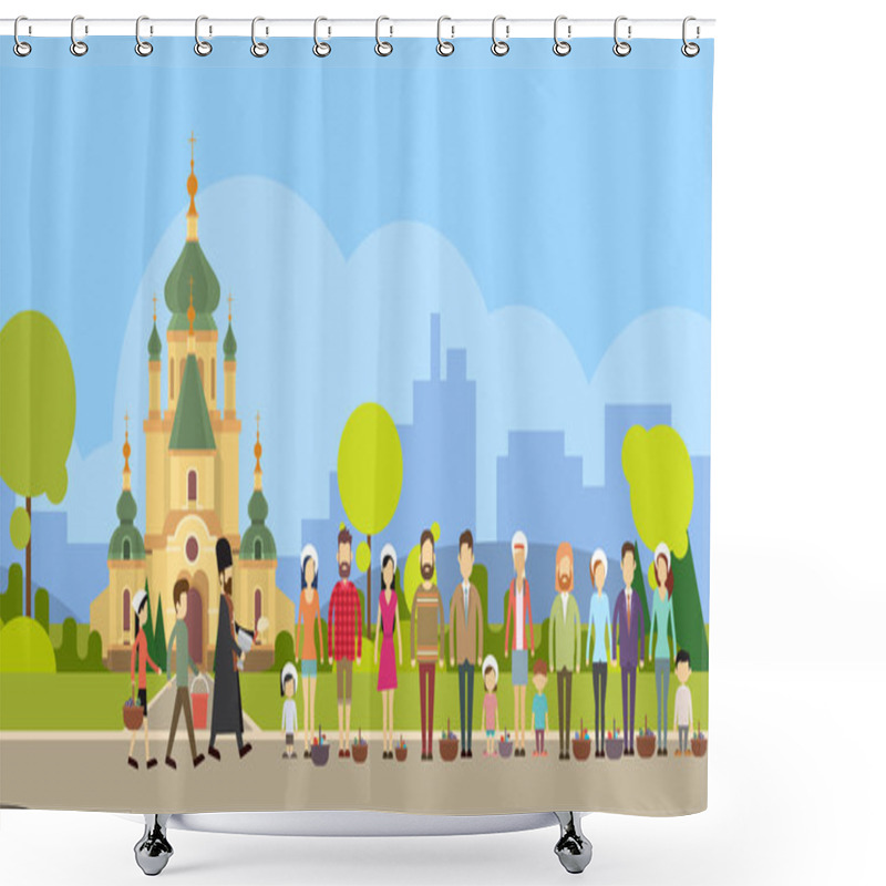 Personality  People Group Stand In Line, Priest Blessing Easter Basket Church, Consecrate Cakes, Eggs Happy Holiday Shower Curtains