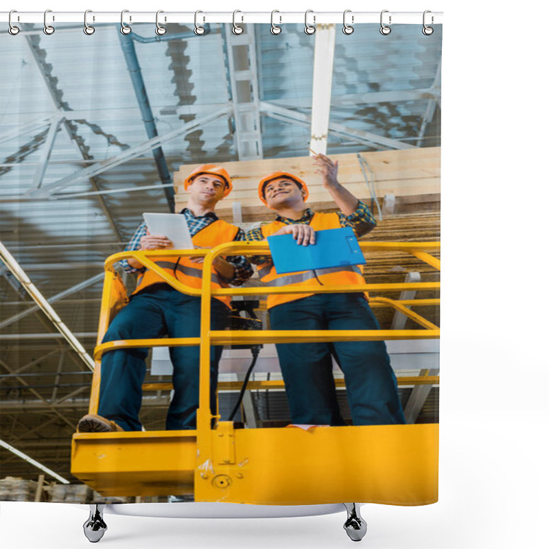 Personality  Smiling Multicultural Workers With Digital Tablet And Clipboard Standing On Scissor Lift In Warehouse  Shower Curtains