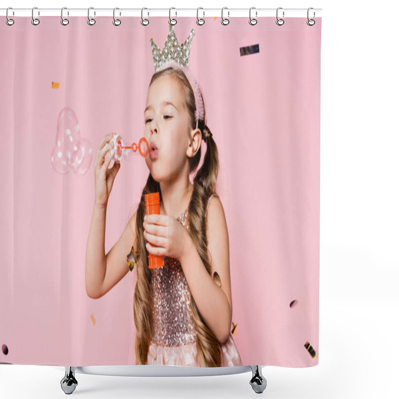 Personality  Little Girl In Crown Blowing Soap Bubbles Near Falling Confetti On Pink  Shower Curtains