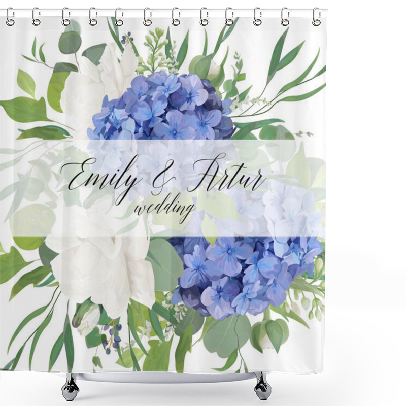 Personality  Wedding Floral Invite, Save The Date Card Design With Elegant Blue Violet Hydrangea Flowers White Garden Roses,  Eucalyptus Green Branches, Greenery Leaves & Berries Decorative Border. Trendy Template Shower Curtains