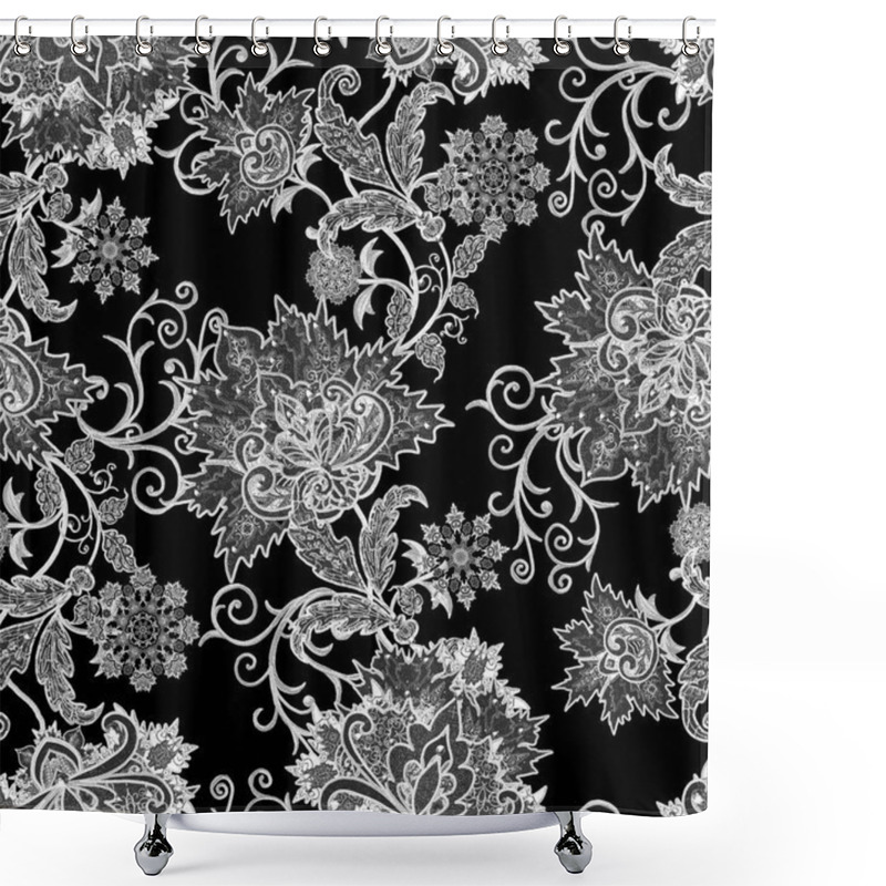 Personality  Seamless Pattern. Brilliant Lace, Stylized Flowers. Openwork Weaving Delicate, Paisley. Monochrome Tracery, Openwork Curls. Shower Curtains