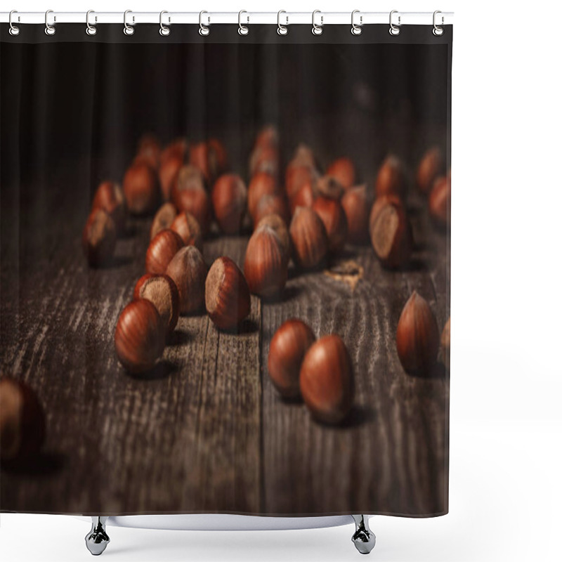 Personality  Close Up View Of Hazelnuts On Wooden Surface On Black Background Shower Curtains