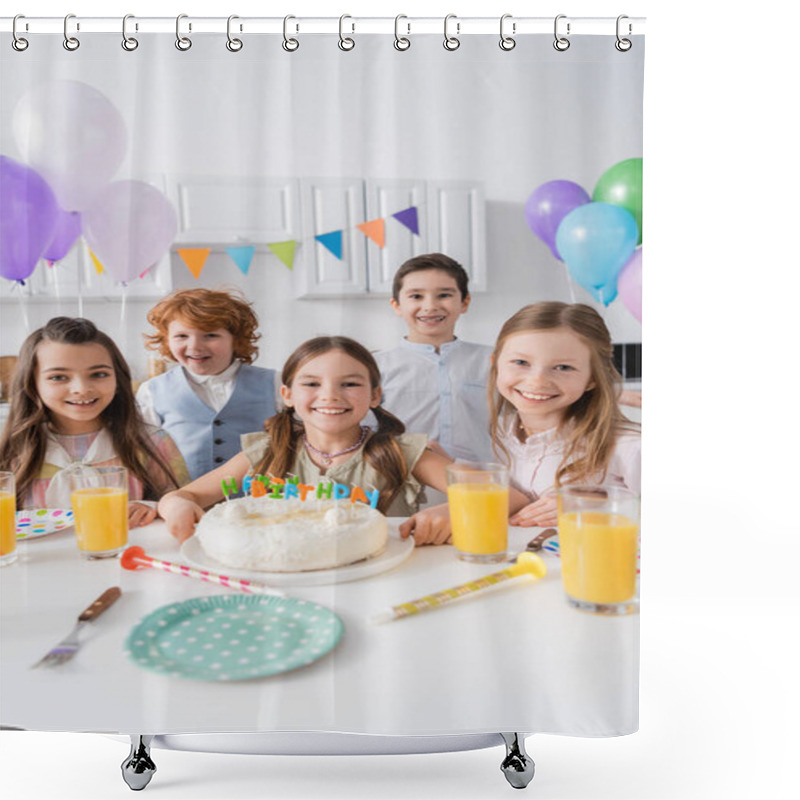 Personality  Group Of Happy Boys And Girls Celebrating Birthday Party Next To Tasty Cake At Home Shower Curtains