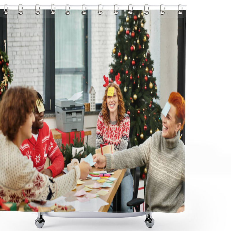 Personality  Colleagues Share Laughter And Festive Cheer With Playful Activities In A Decorated Workspace Shower Curtains