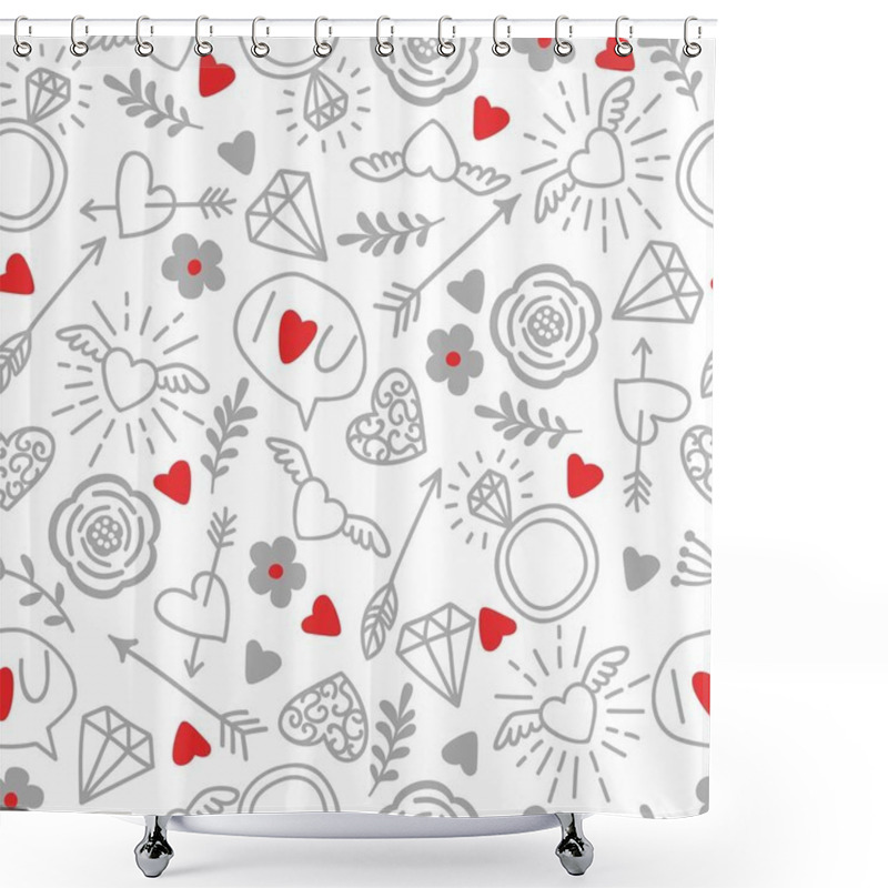 Personality  Seamless Vector Background With Hearts, Arrows, Ringlets, Flowers, Love.  Illustration For Fabric, Scrapbooking Paper And Other Shower Curtains