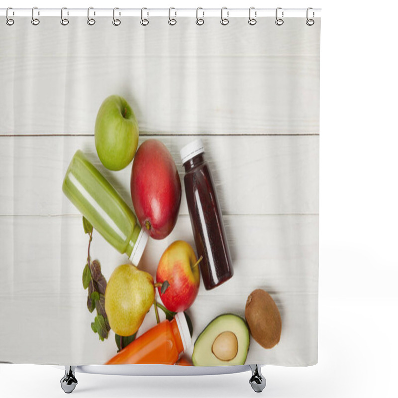 Personality  Top View Of Fresh Fruits And Detox Smoothies On White Wooden Background   Shower Curtains