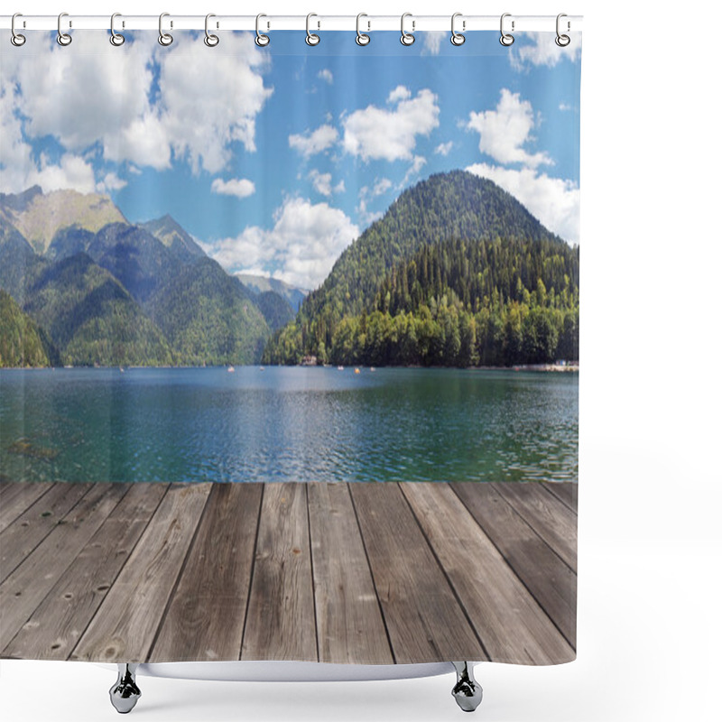 Personality  Empty Wooden Flooring Against The Lake In Mountains Shower Curtains