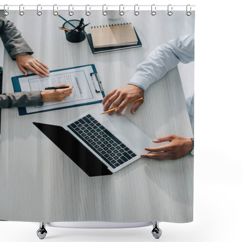 Personality  Cropped Image Of Patient Signing Insurance Claim Form In Clinic, Doctor Using Laptop Shower Curtains