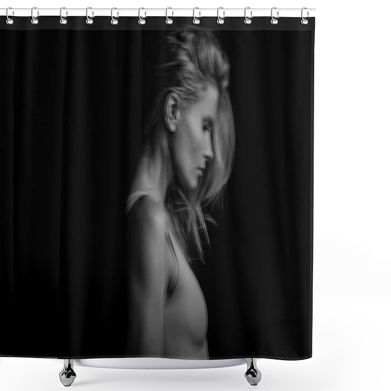 Personality  Beautiful Fuzzy Original Conceptual Profile Side Portrait Of Young Blonde Woman On A Black Background. Black And White Photo. Triple Exposure. Shower Curtains