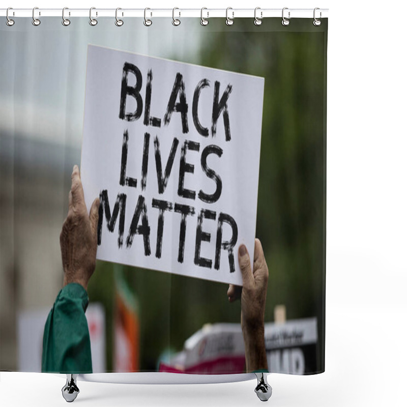 Personality  A Person Holding A Black Lives Matter Banner At A Protest Shower Curtains