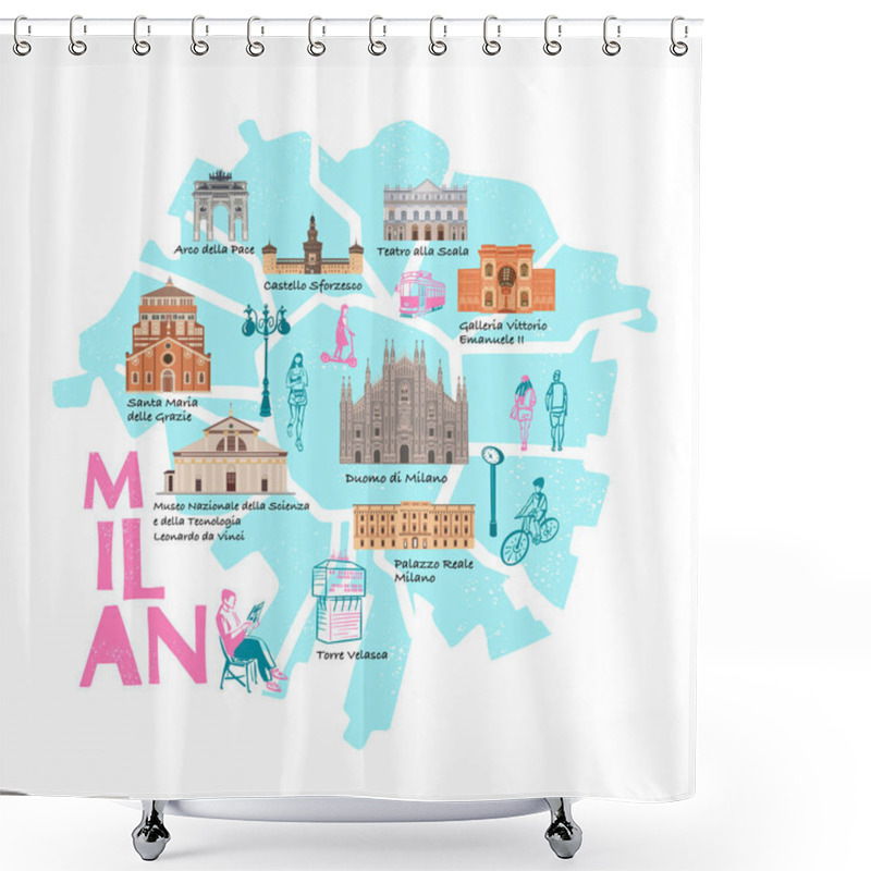 Personality  Milan Map, Buildings Of World Famous Places. Italy. Cartoon Doodle Art For Design. Traditional Symbols Full Color Vector Illustration. Shower Curtains