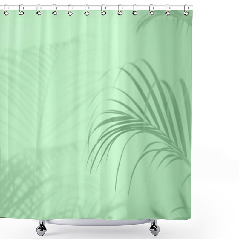 Personality  Summer Travel Concept. Shadow Of Exotic Palm Leaves Is Laying On Trendy Mint Color Background. Banner With Copy Space Shower Curtains