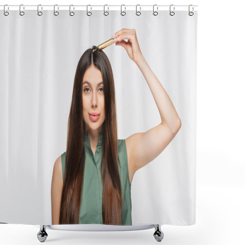 Personality  Young Woman Massaging Hair With Metallic Massage Tool Isolated On Grey Shower Curtains