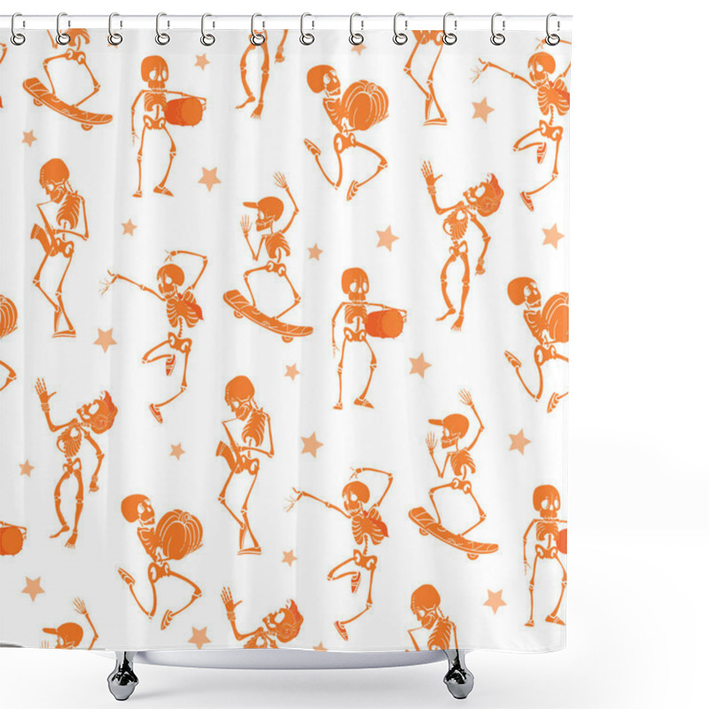 Personality  Vector Orange Dancing And Skateboarding Skeletons Haloween Repeat Pattern Background. Great For Spooky Fun Party Themed Fabric, Gifts, Giftwrap. Shower Curtains