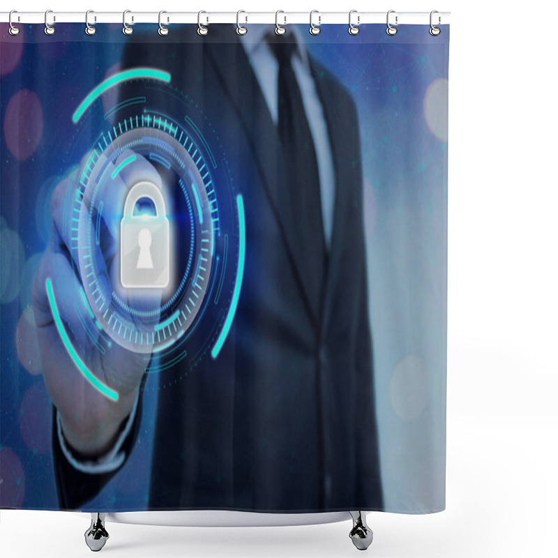 Personality  Graphics Of Latest Digital Technology Protection Data Padlock Security On The Virtual Display. Businessman With Lock To Secure. Shower Curtains