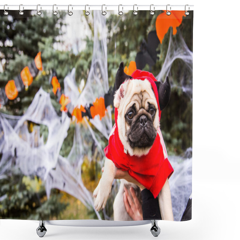 Personality  Dog Mops. A Dog Wearing A Devil Costume With Horns Shower Curtains