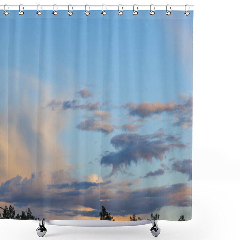 Personality  Beautiful View Of Blue Sky With White Clouds On Backdrop Of Pink Sunset Over Tops Of Pine Trees.  Shower Curtains