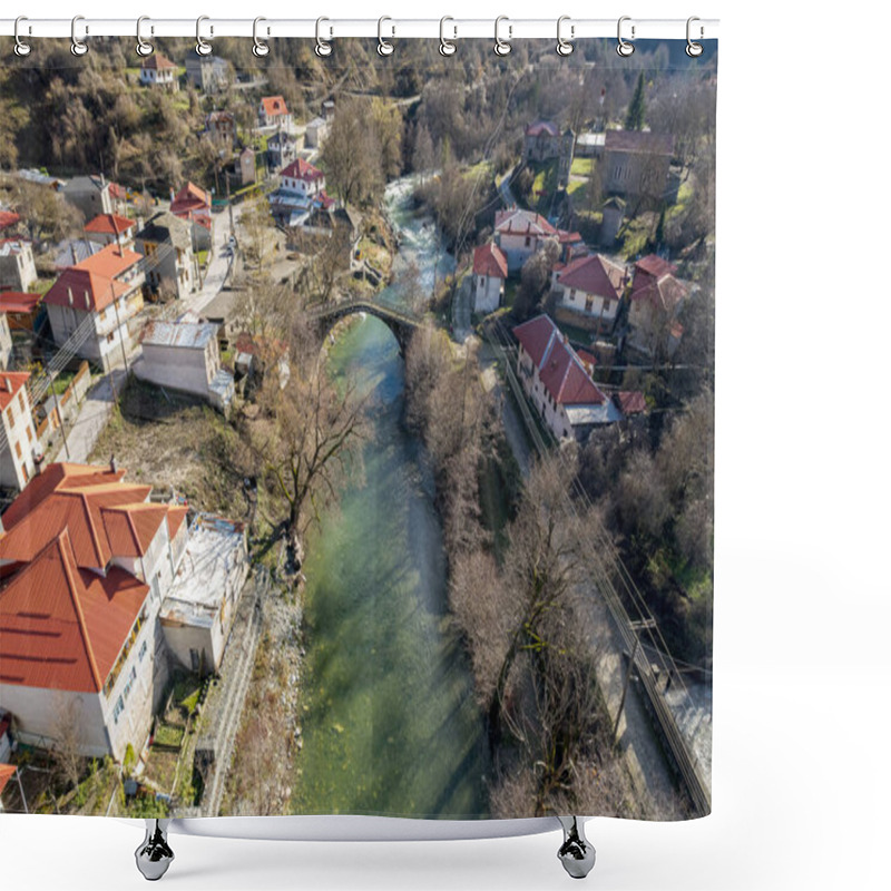 Personality  Aerial View Of  Vovousa Village And Aoos River  Located Next To Valia Calda Pindus National Park On East Zagori, Epirus, Greece. Shower Curtains