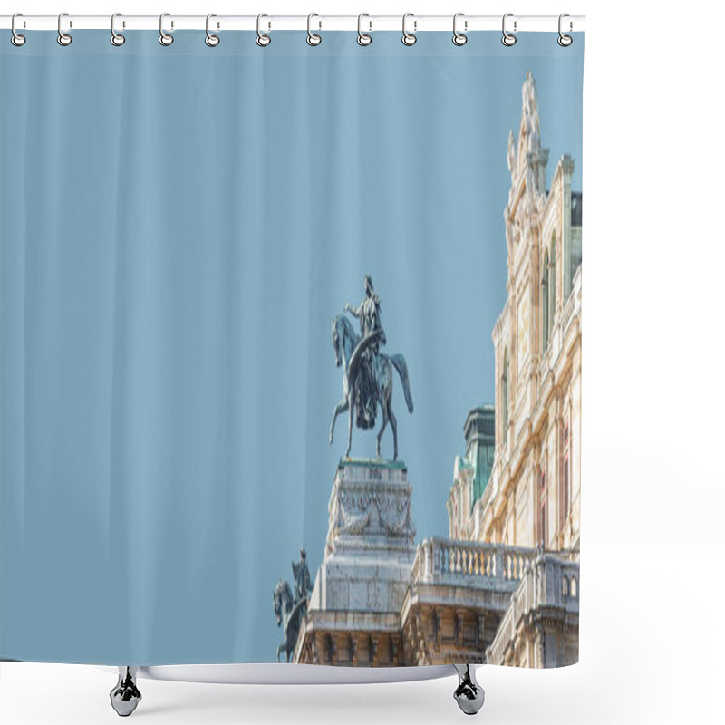 Personality  Banner With Top Roof Sculpture Of Greek Goddess Muse Riding Pegasus, A Winged Horse, At Vienna State Opera House, Vienna, Austria, With Copy Space. Concept Of Cultural Heritage And Travel Shower Curtains