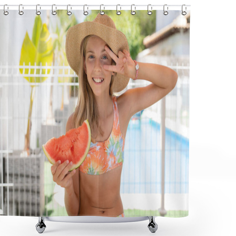 Personality  Pretty Girl In Bikini Holding A Slice Of Watermelon In Hands And Smiling Happy, Near Pool, Outdoors. Summertime Concept. Shower Curtains