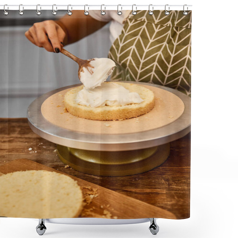 Personality  Partial View Of Confectioner Spreading Cream On Cake Layer Shower Curtains