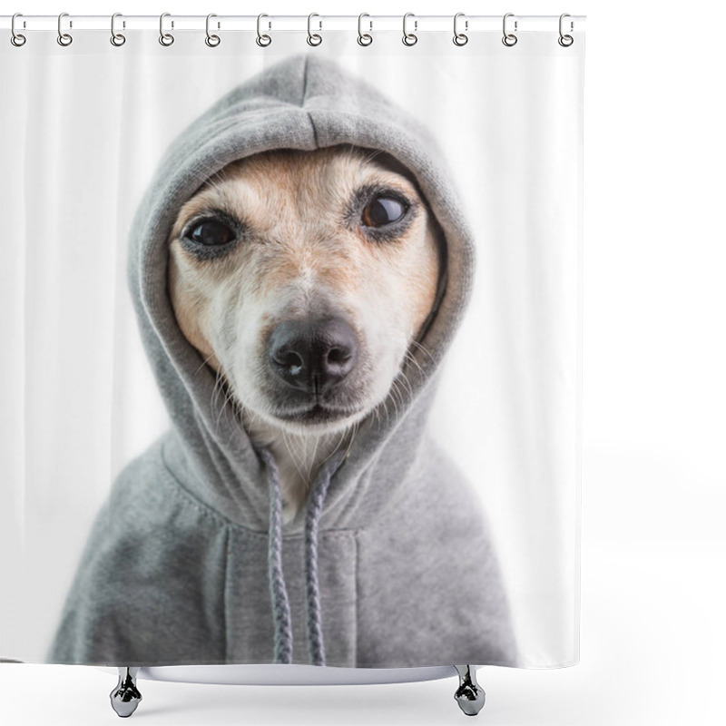 Personality  A Serious Focused Look With Contempt. Haughty Judgmental Dog Face In Hood. Funny Dog Calm Mood. White Background Shower Curtains