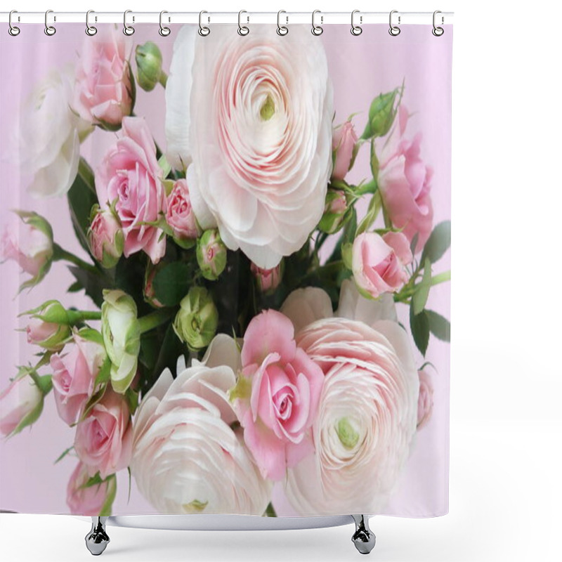 Personality  Beautiful Bouquet Of Gently Pink Roses And Ranunculus On A Pale Pink Background. Close Up. Top View Shower Curtains