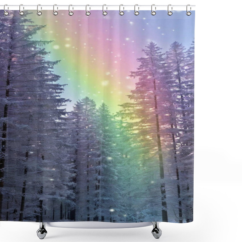 Personality  Rainbow Frosted Forest: An Icy Winter Forest Where Frost And Snow Glisten In Shades Of Lavender, Mint Green, Pale Gold, And Pastel Pink As Sunlight Refracts Through The Frosty Air. Shower Curtains